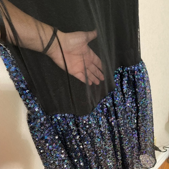 ASOS blue and black sequin mesh back backless cap sleeve dress party event sz 6 - Picture 9 of 12